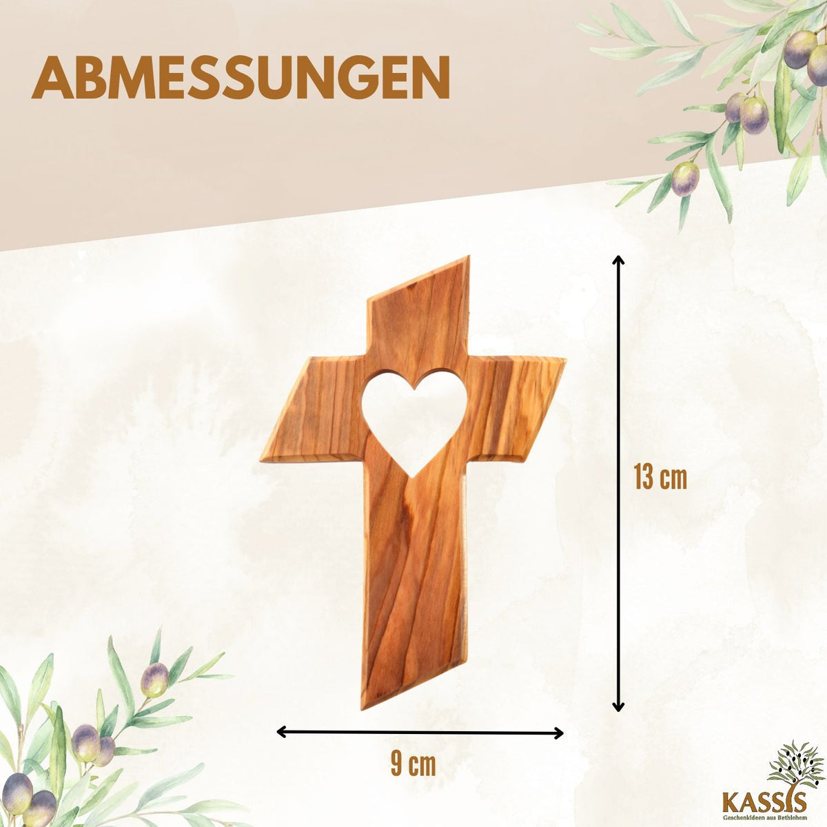 Hand-Carved Olive Wood Wall Cross with Heart Motif, 13 cm