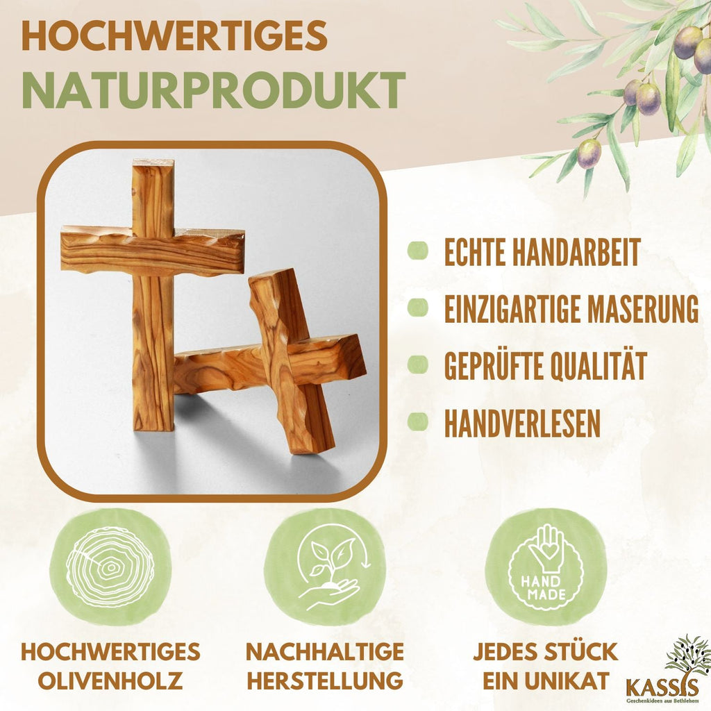 Hand-Carved Olive Wood Wall Cross with Wavy Design