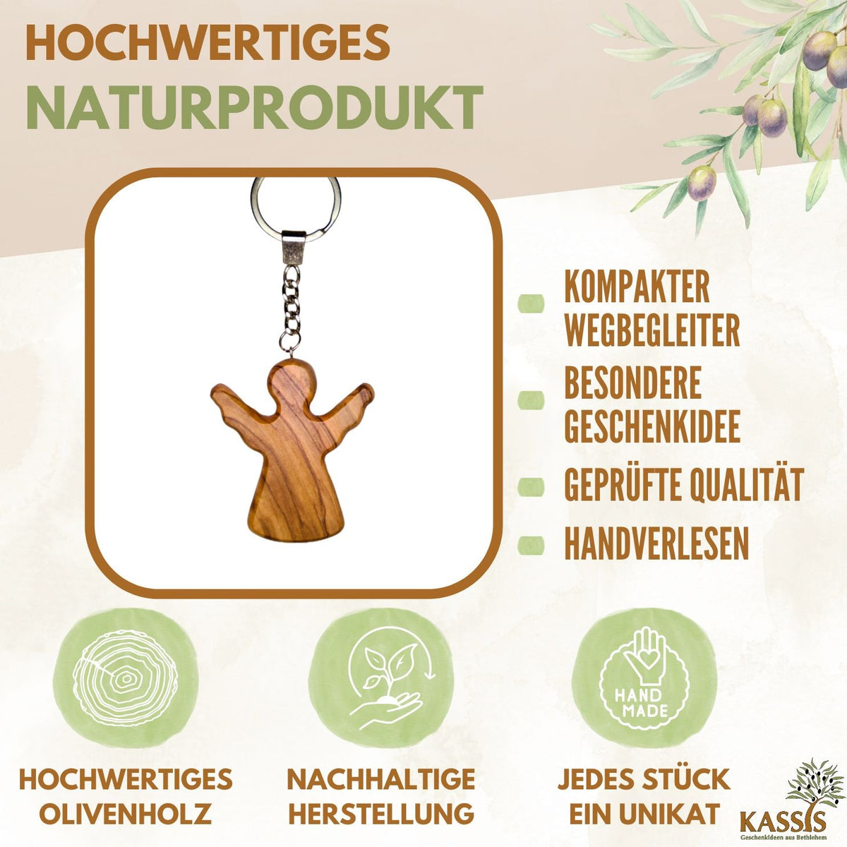Olive wood keychain, worry stone, guardian angel