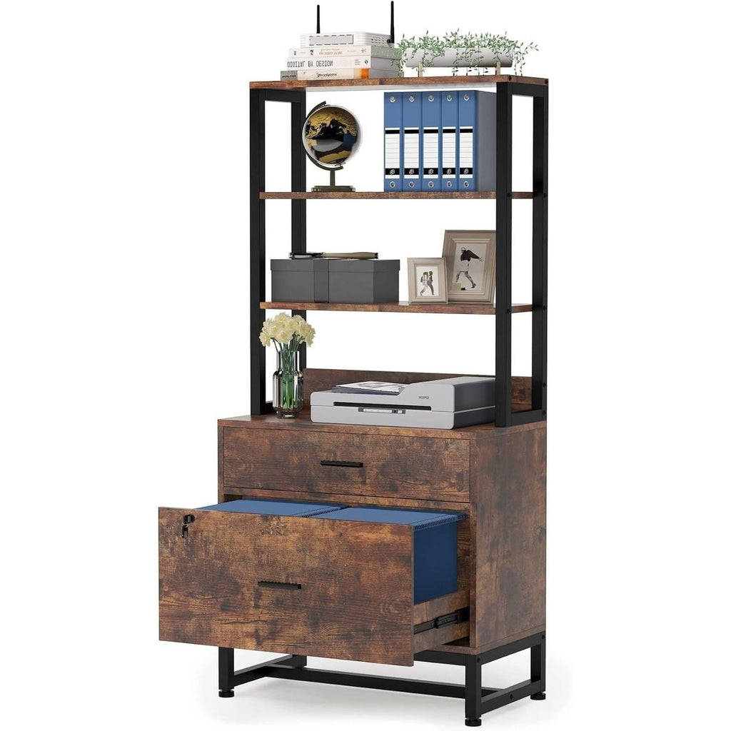 Home Office Lockable 2 Drawer Filing Cabinet Bookshelf in Brown Wood Finish