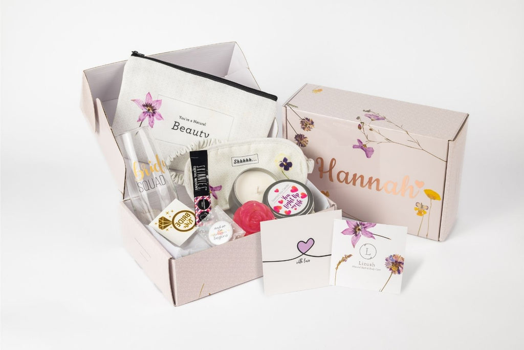 Bridal Shower & Bridesmaid Spa Gift Box | Champagne Cup, Candle, Cosmetic Bag & More | Personalized | Lizush