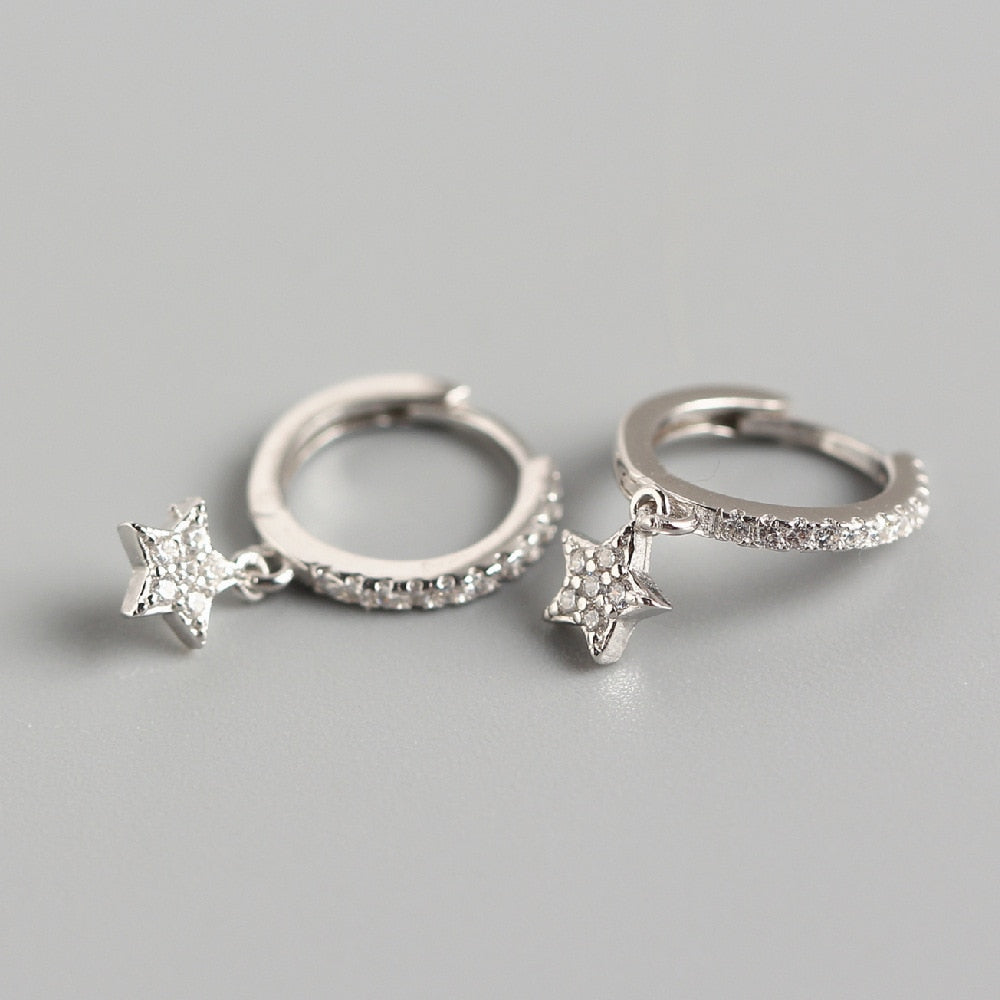 ANENJERY 925 Sterling Silver Shiny Inlaid Micro Cubic Zircon Star Hoop Earrings Ear Jewelry For Women Party Gifts S-E1132