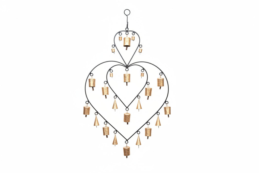 Double Heart Chime hanging brass bells for wall decor