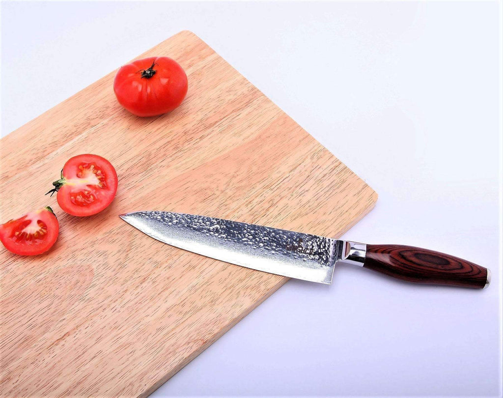 Damascus VG10 Chef Knife | 67-Layer Hammered Blade | Pakkawood Handle | 62+ Rockwell | Lifetime Guarantee | SiliSlick®