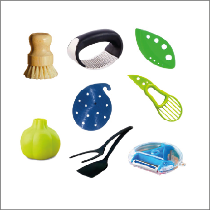 Kitchen Accessories Set | 8 Pieces | Garlic Press | Avocado Slicer | Tongs | Spatula | Leaf Separator | Peeler | Scrubber | Dish Brush | Choixe