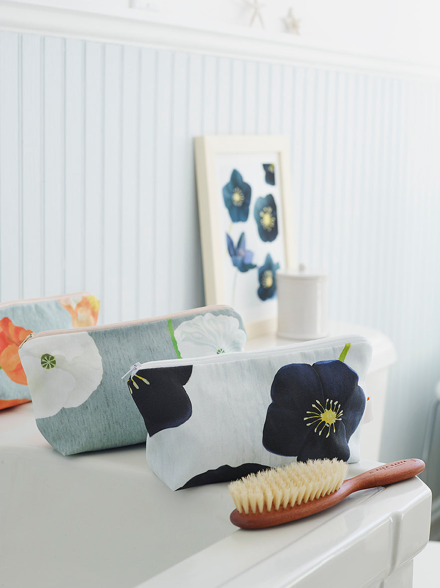 Makeup Bag | White Poppies on Grey | Cotton Canvas & Waterproof Lining | India & Purry