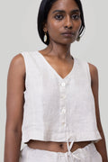Timeless 100% Linen Check Cropped Vest Top | Ecru | XS-3XL