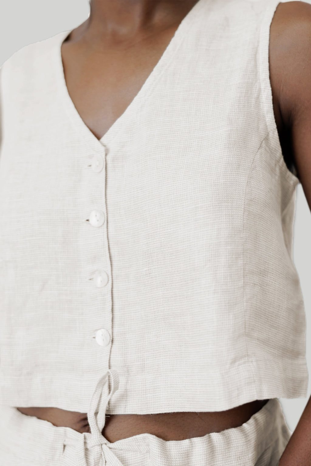 Timeless 100% Linen Check Cropped Vest Top | Ecru | XS-3XL