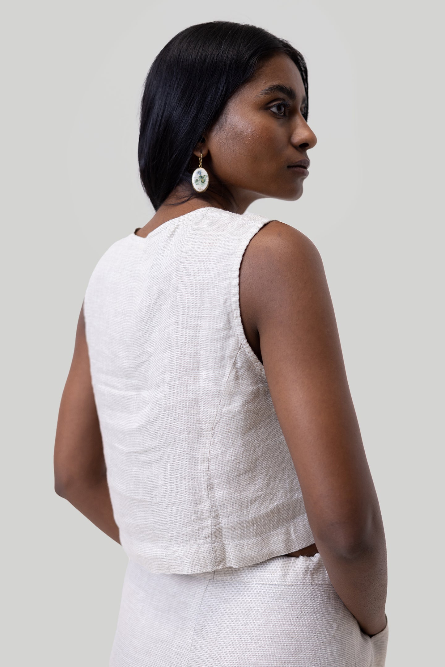 Timeless 100% Linen Check Cropped Vest Top | Ecru | XS-3XL
