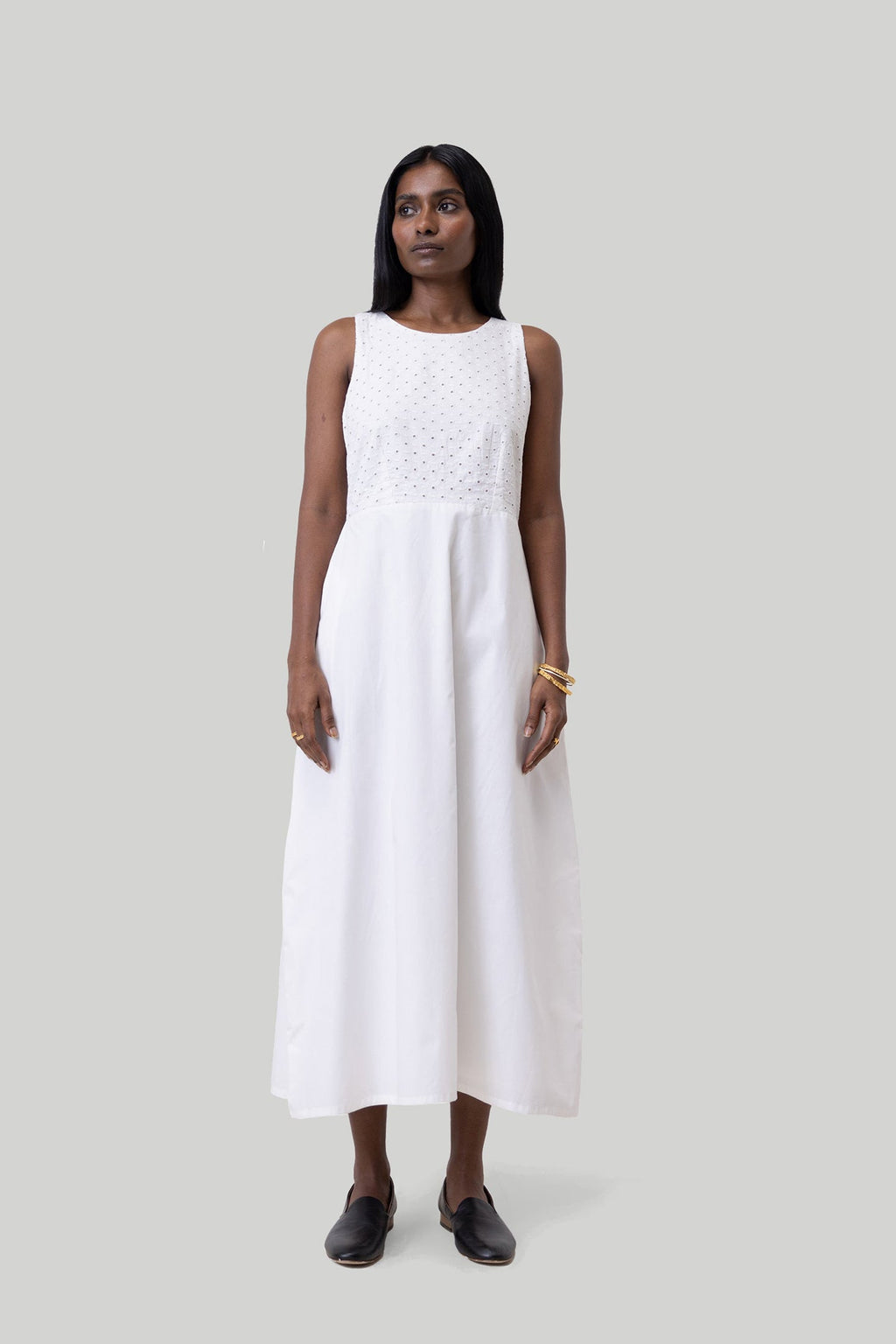Cross-Back Midi Dress in Eyelet Embroidery | 100% Organic Cotton | Coconut White | Pockets | XS–3XL | Reistor