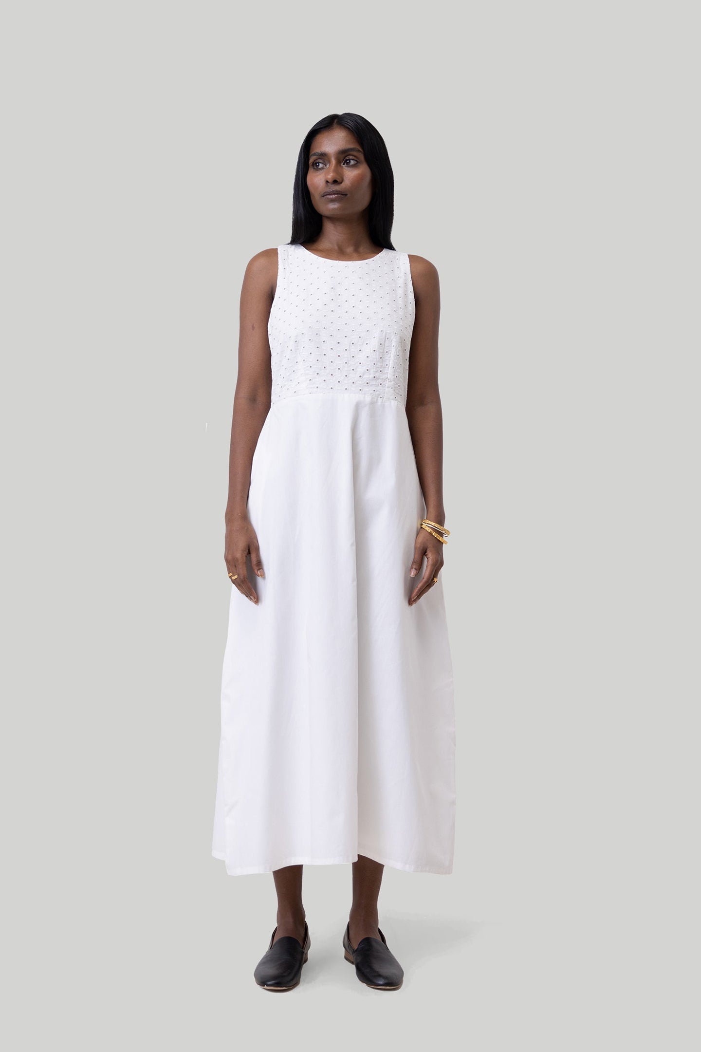 Cross-Back Midi Dress in Eyelet Embroidery | 100% Organic Cotton | Coconut White | Pockets | XS–3XL | Reistor