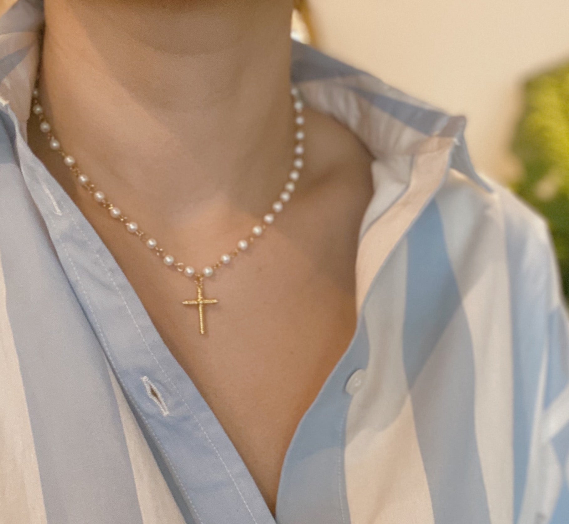 Cabled Cross & Pearl Pendant Necklace | 18K Gold Plated | Glass Pearls | Lead & Nickel Free | Faith Jewelry | Ellison + Young