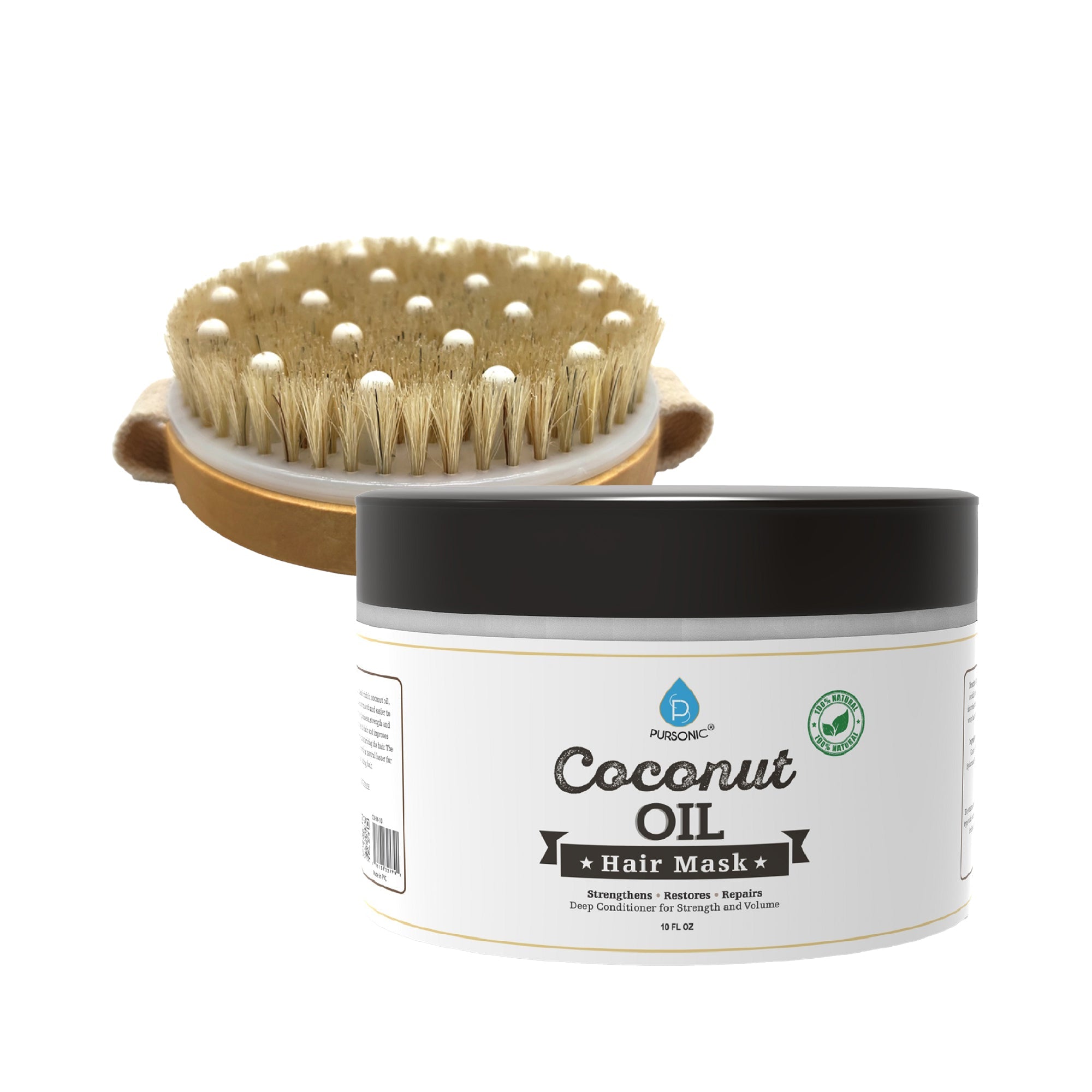 Hair Care & Massage Bundle | Coconut Oil Hair Mask 10 oz + Lotus Wood Bath Brush & Rubber Massager | Pursonic