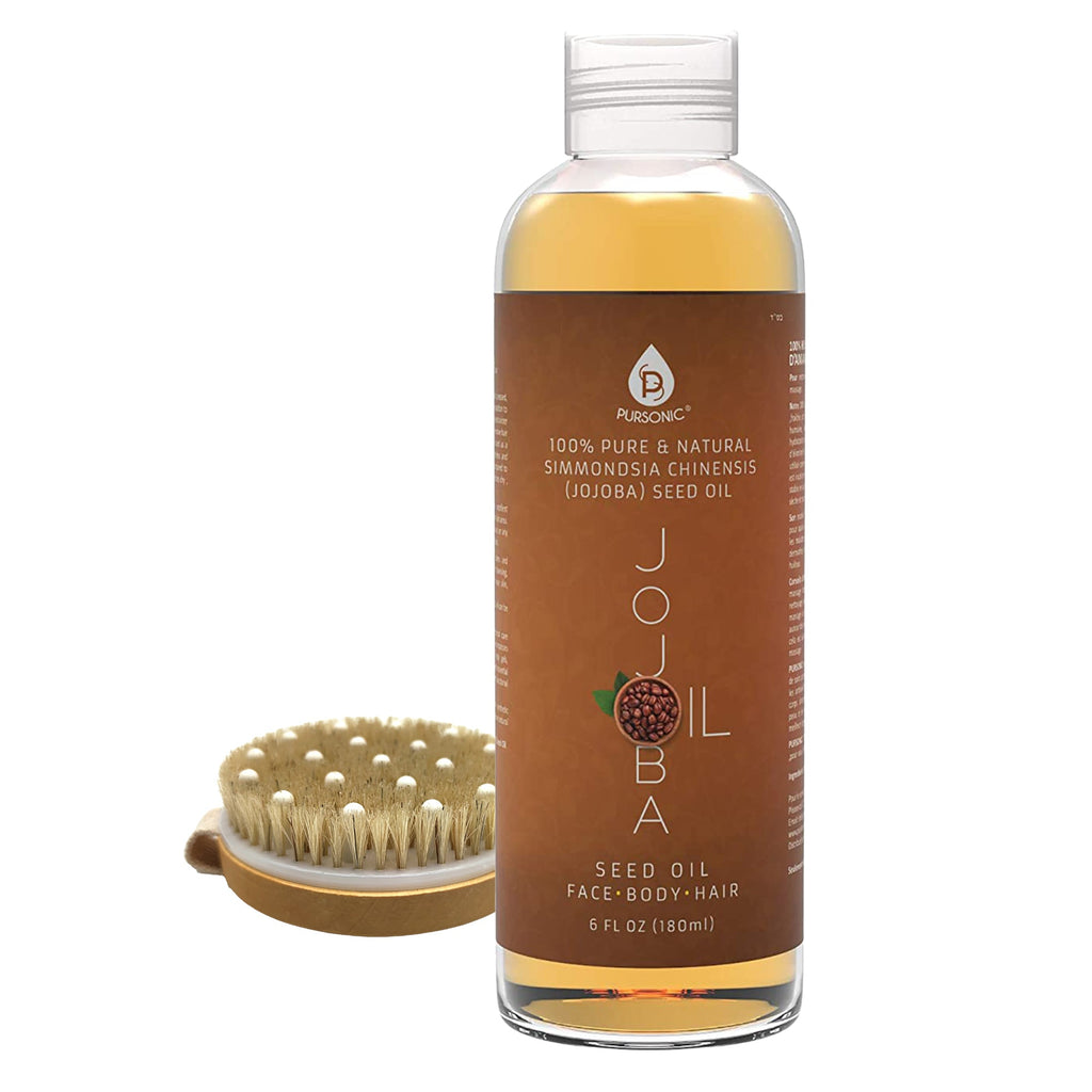 Beauty Bundle | Golden Jojoba Oil 6 oz + Lotus Wood Bath Brush & Rubber Massager | Cold-Pressed & Pure | Pursonic