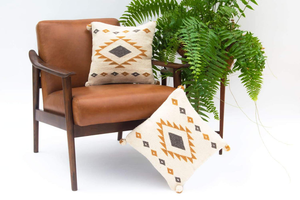 Oaxacan Handwoven Wool Accent Pillow — Caramel Diamond Geometric Design