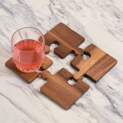 Acacia Wood Puzzle Piece Coasters | Set of 4 | Interlock into Trivet | 3.5" x 3.5" | Handcrafted | Kalmar Home