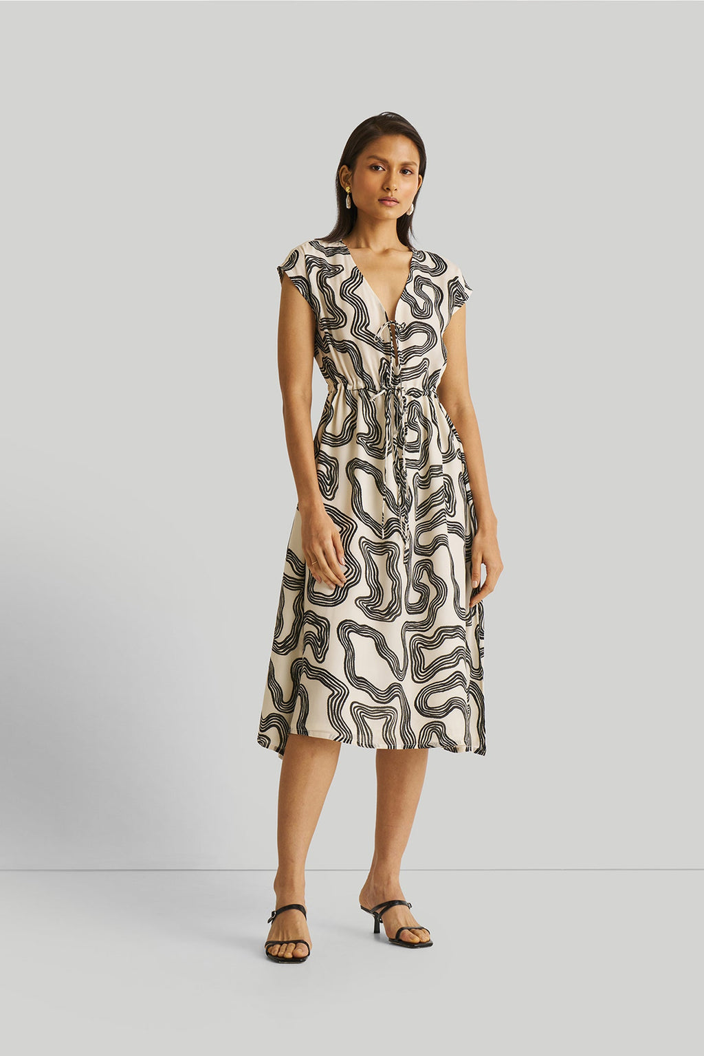 Deep V-Neck Gathered Dress in Black Stripes | 100% Bemberg™ Crepe | Maze | Tie-Up V-Neck | Cap Sleeves | Side Slits | XS–3XL | Reistor