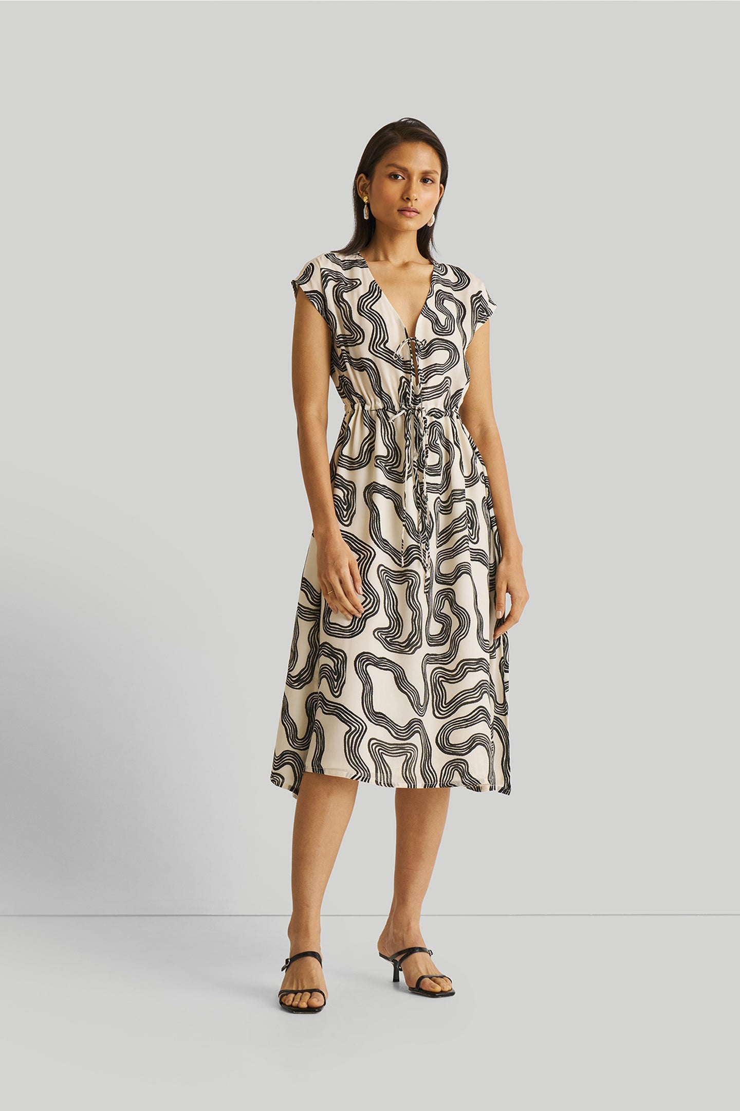 Deep V-Neck Gathered Dress in Black Stripes | 100% Bemberg™ Crepe | Maze | Tie-Up V-Neck | Cap Sleeves | Side Slits | XS–3XL | Reistor
