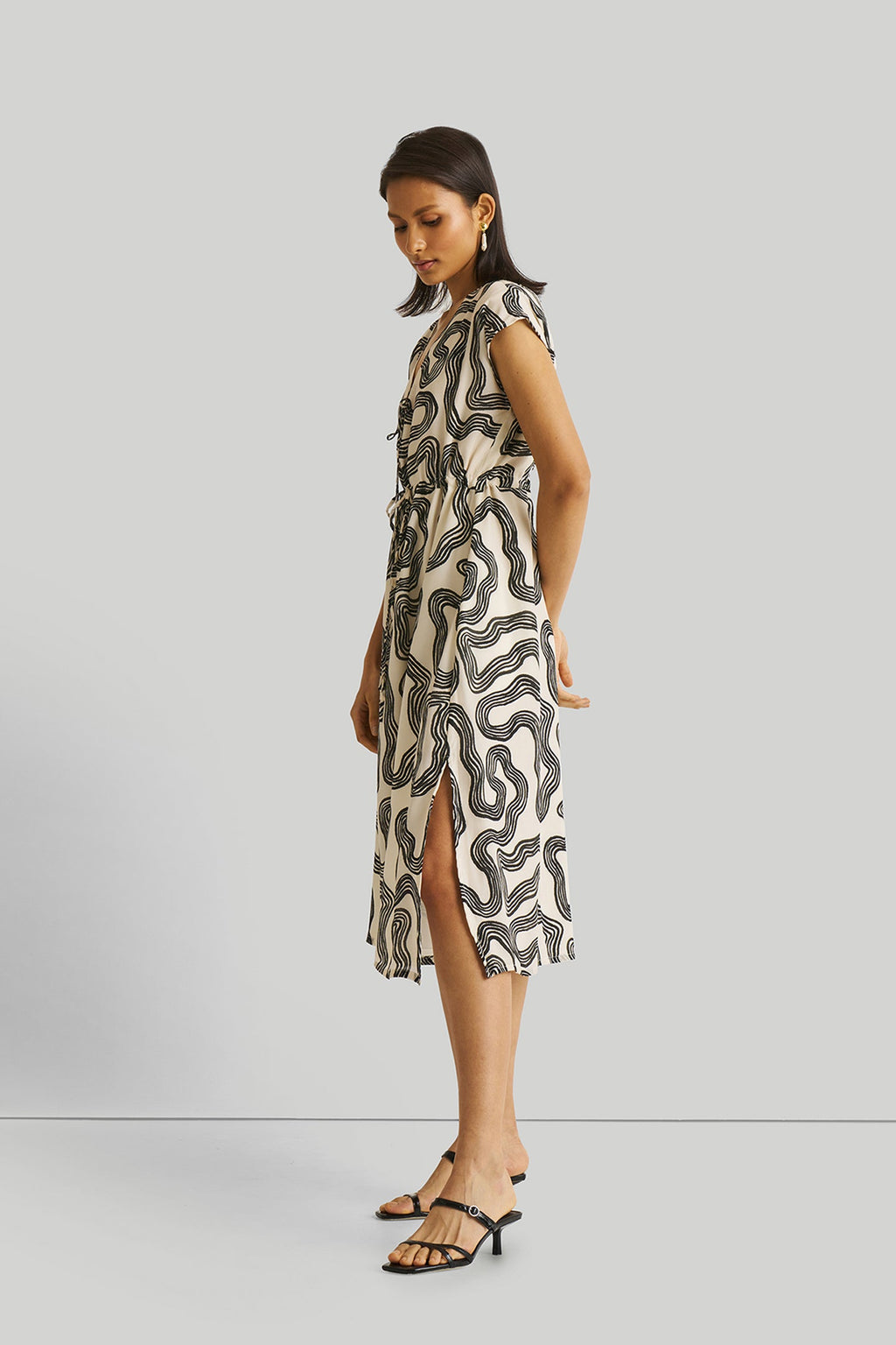 Deep V-Neck Gathered Dress in Black Stripes | 100% Bemberg™ Crepe | Maze | Tie-Up V-Neck | Cap Sleeves | Side Slits | XS–3XL | Reistor