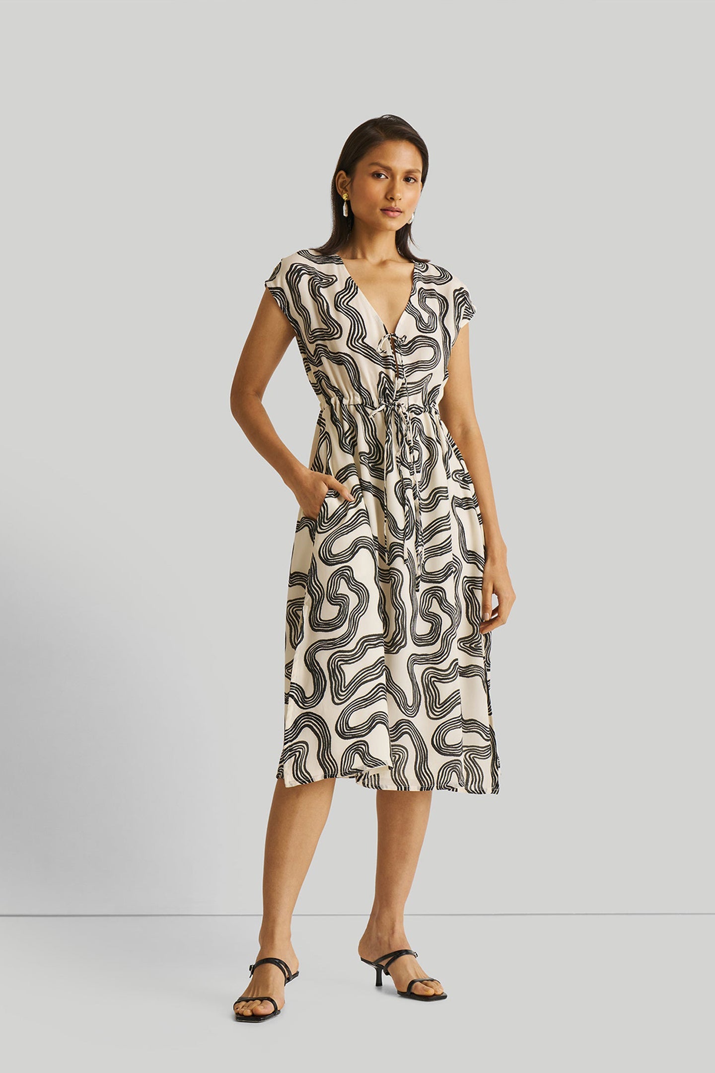 Deep V-Neck Gathered Dress in Black Stripes | 100% Bemberg™ Crepe | Maze | Tie-Up V-Neck | Cap Sleeves | Side Slits | XS–3XL | Reistor
