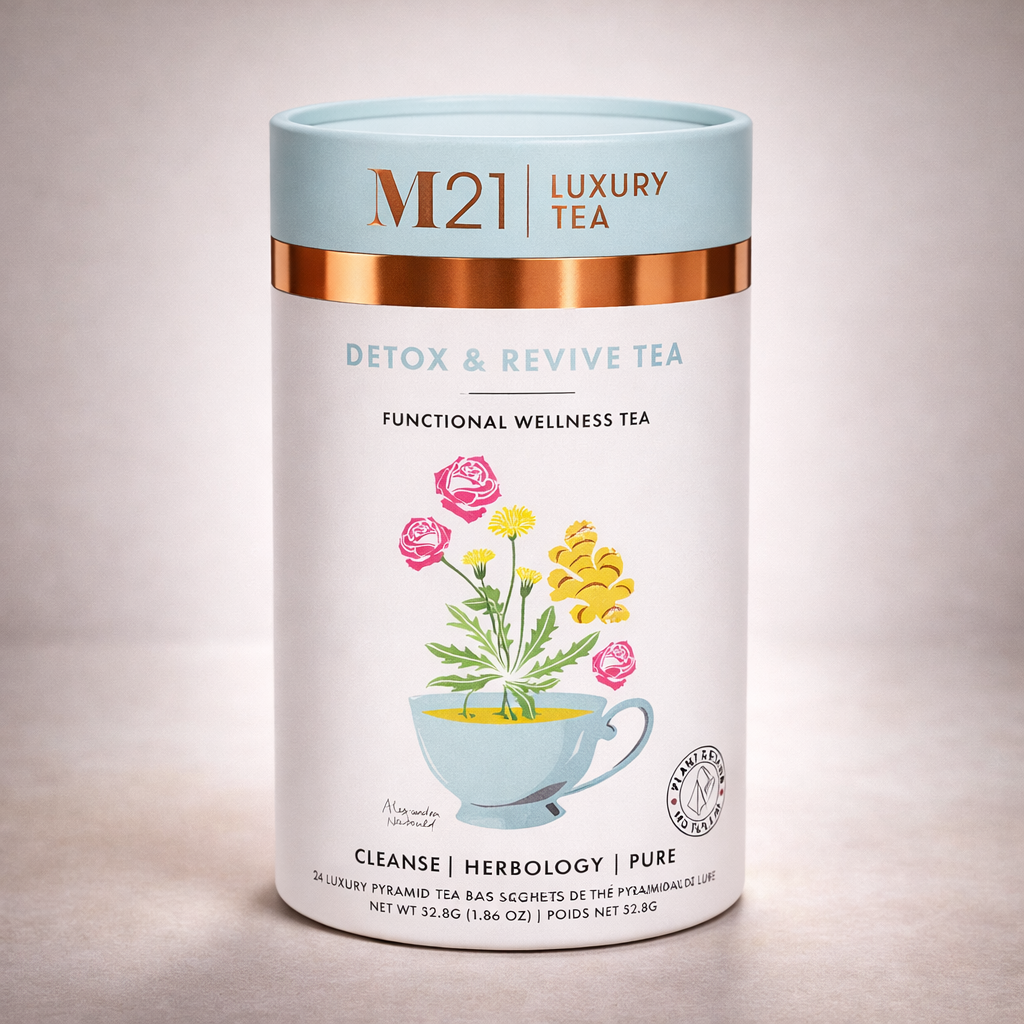 Detox & Revive Luxury Herbal Tea | Organic | Ginger, Dandelion, Rose & Tulsi | Caffeine-Free | 24 Compostable Pyramid Bags | Made in Canada | M21