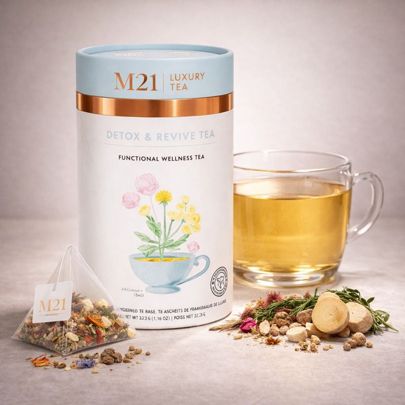 Detox & Revive Luxury Herbal Tea | Organic | Ginger, Dandelion, Rose & Tulsi | Caffeine-Free | 24 Compostable Pyramid Bags | Made in Canada | M21