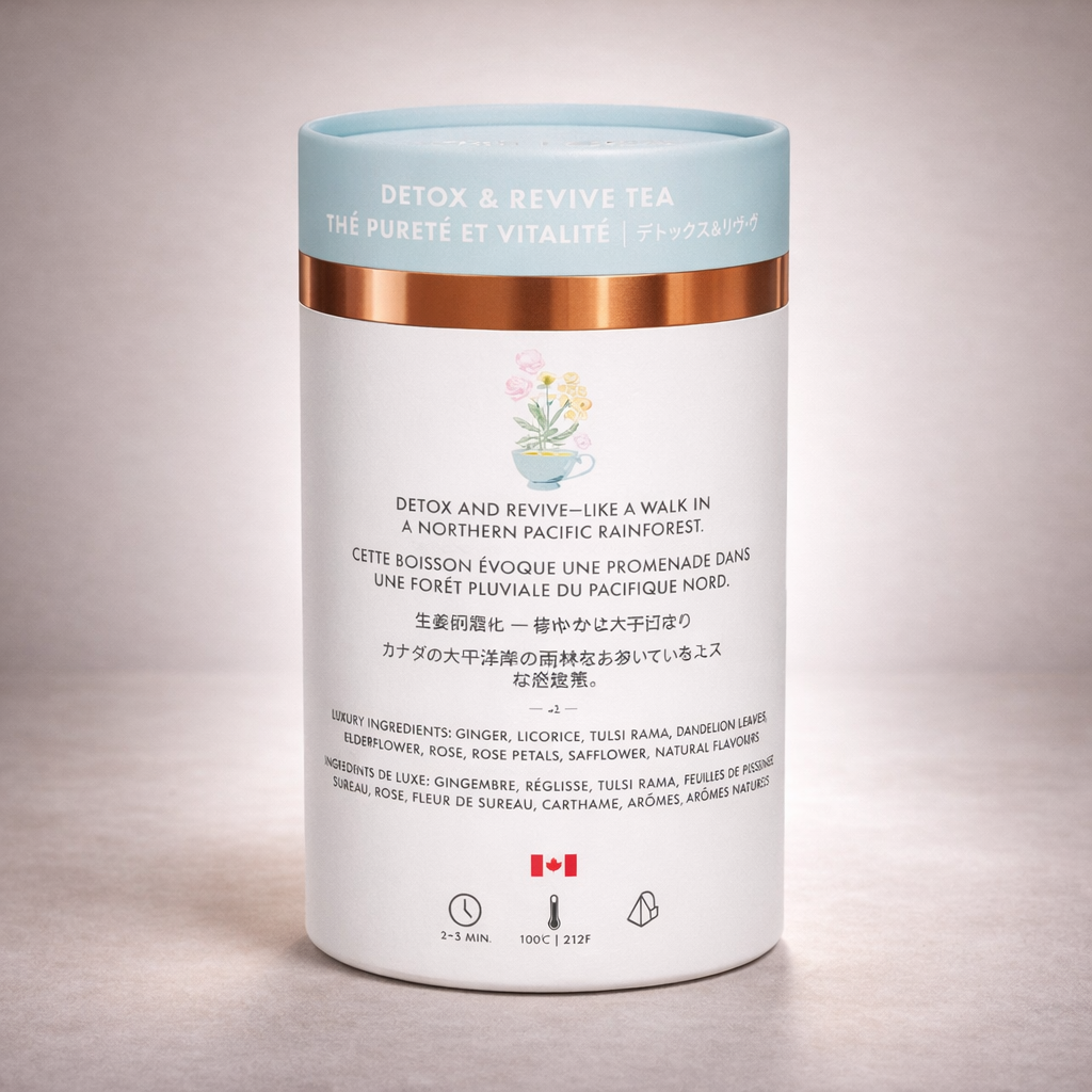 Detox & Revive Luxury Herbal Tea | Organic | Ginger, Dandelion, Rose & Tulsi | Caffeine-Free | 24 Compostable Pyramid Bags | Made in Canada | M21