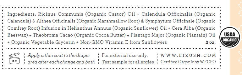 USDA Organic Diaper Balm | Calendula, Comfrey Root & Cocoa Butter | No Preservatives | 100% Natural | 2 oz | Made in USA | Lizush