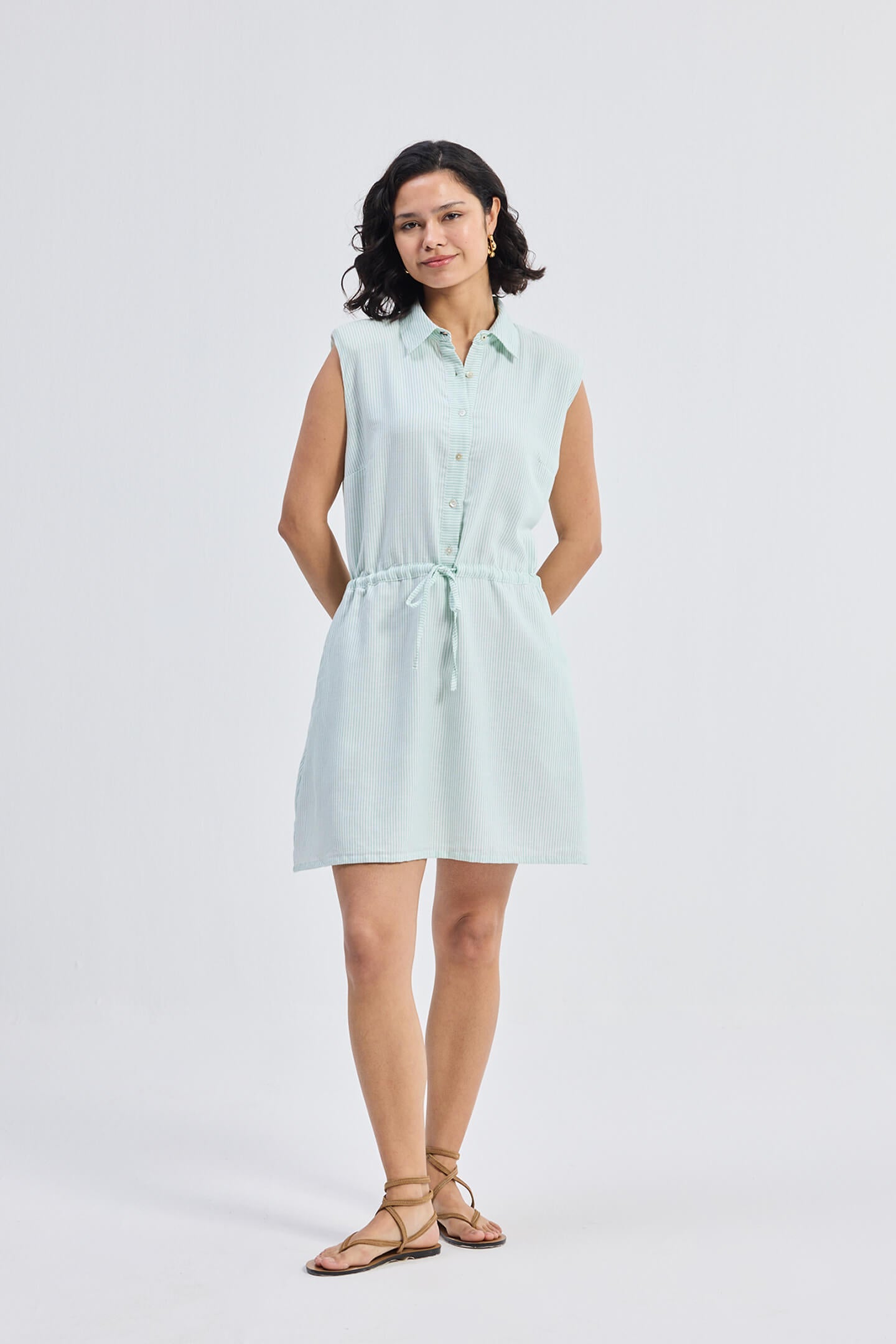 Striped 100% Cotton Seersucker Drawstring Shirt Dress | Pockets | XS-3XL