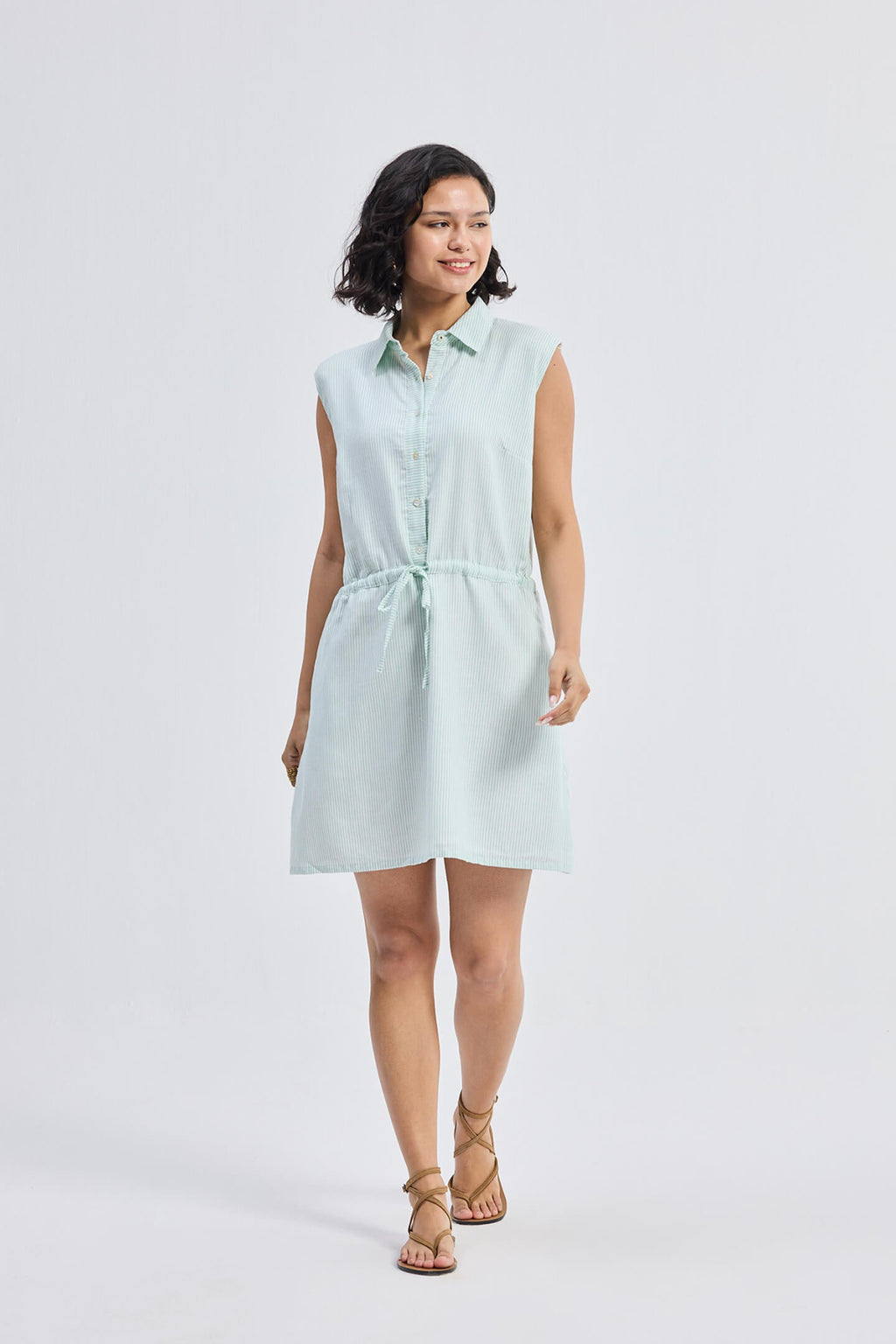Striped 100% Cotton Seersucker Drawstring Shirt Dress | Pockets | XS-3XL