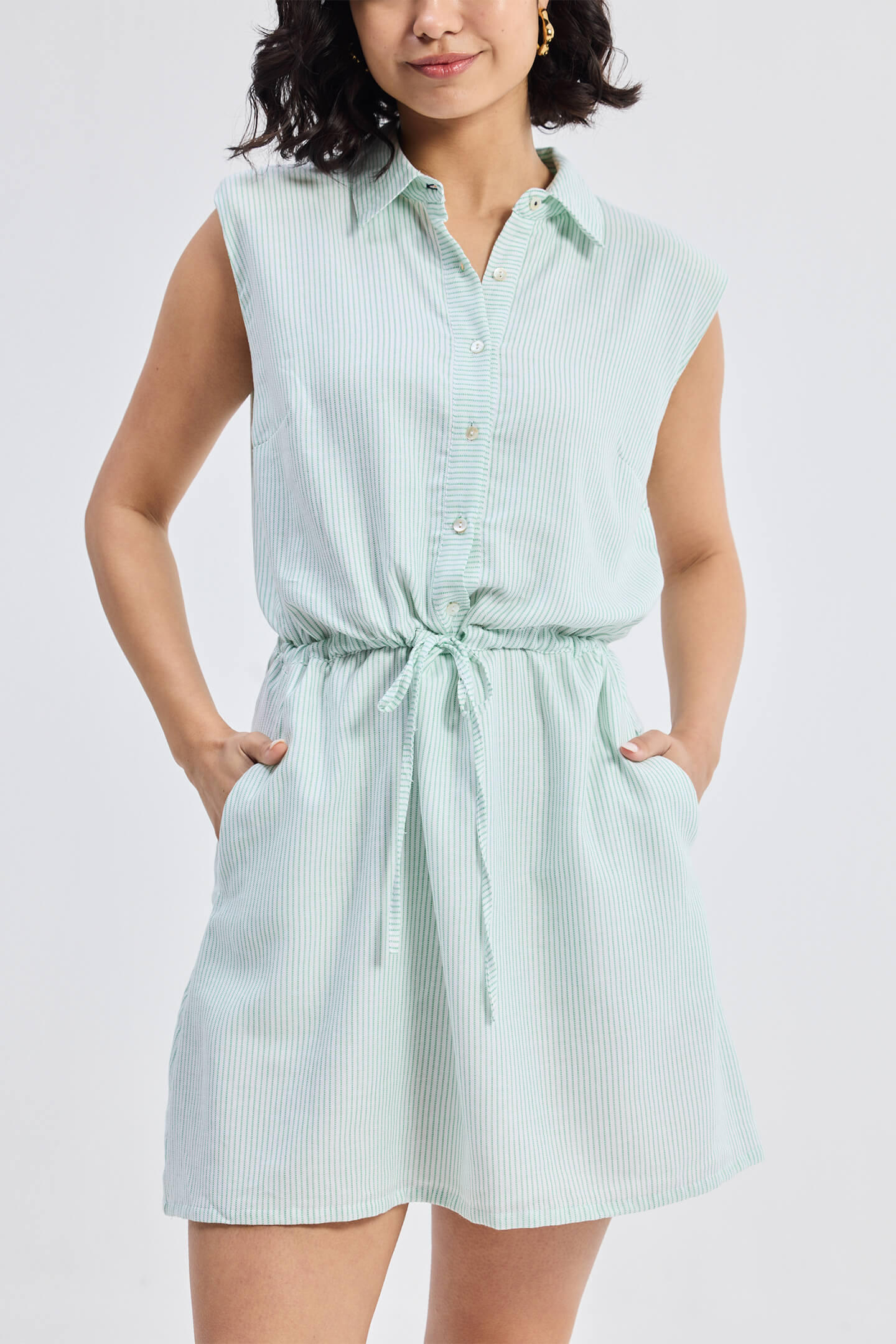 Striped 100% Cotton Seersucker Drawstring Shirt Dress | Pockets | XS-3XL