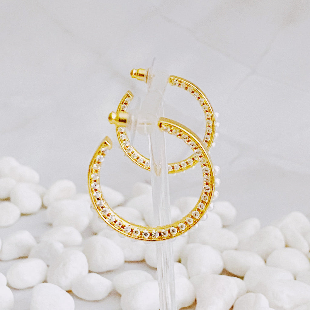 Classy Lady Pearl Hoop Earrings | 18K Gold Plated Brass | Pearl & Cubic Zirconia