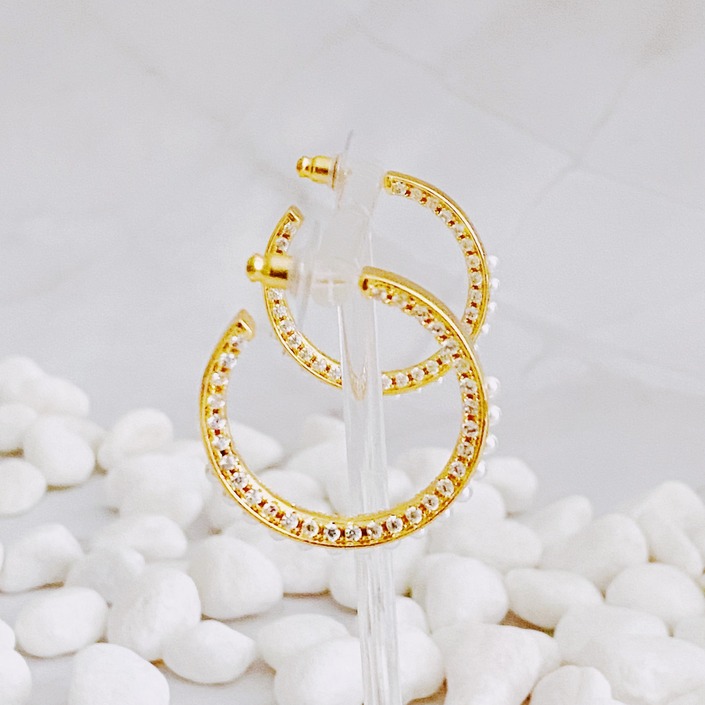 Classy Lady Pearl Hoop Earrings | 18K Gold Plated Brass | Pearl & Cubic Zirconia
