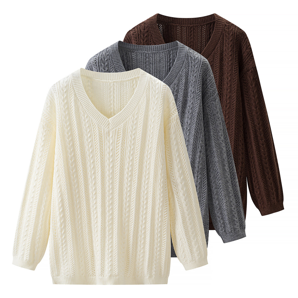 Women's Cable Knit V-Neck Loose Fit Designer Style Knit Top