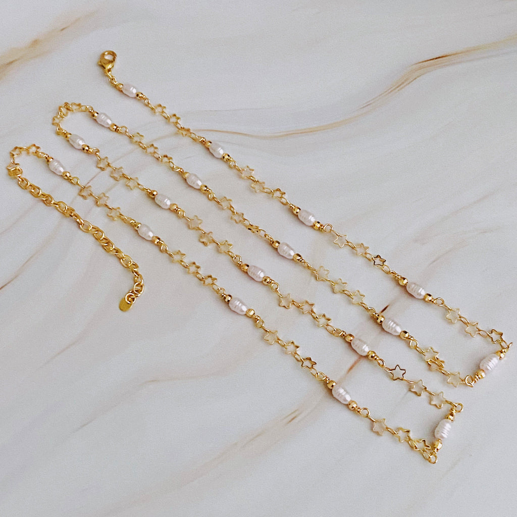 Mini Pearl Mini Star Long Chain Necklace