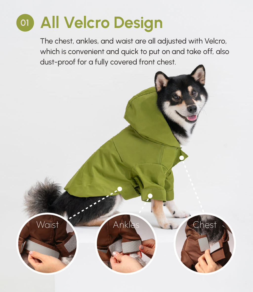 Adjustable Dog Raincoat | Convertible Hood | Waterproof | Olive | XS–XXL