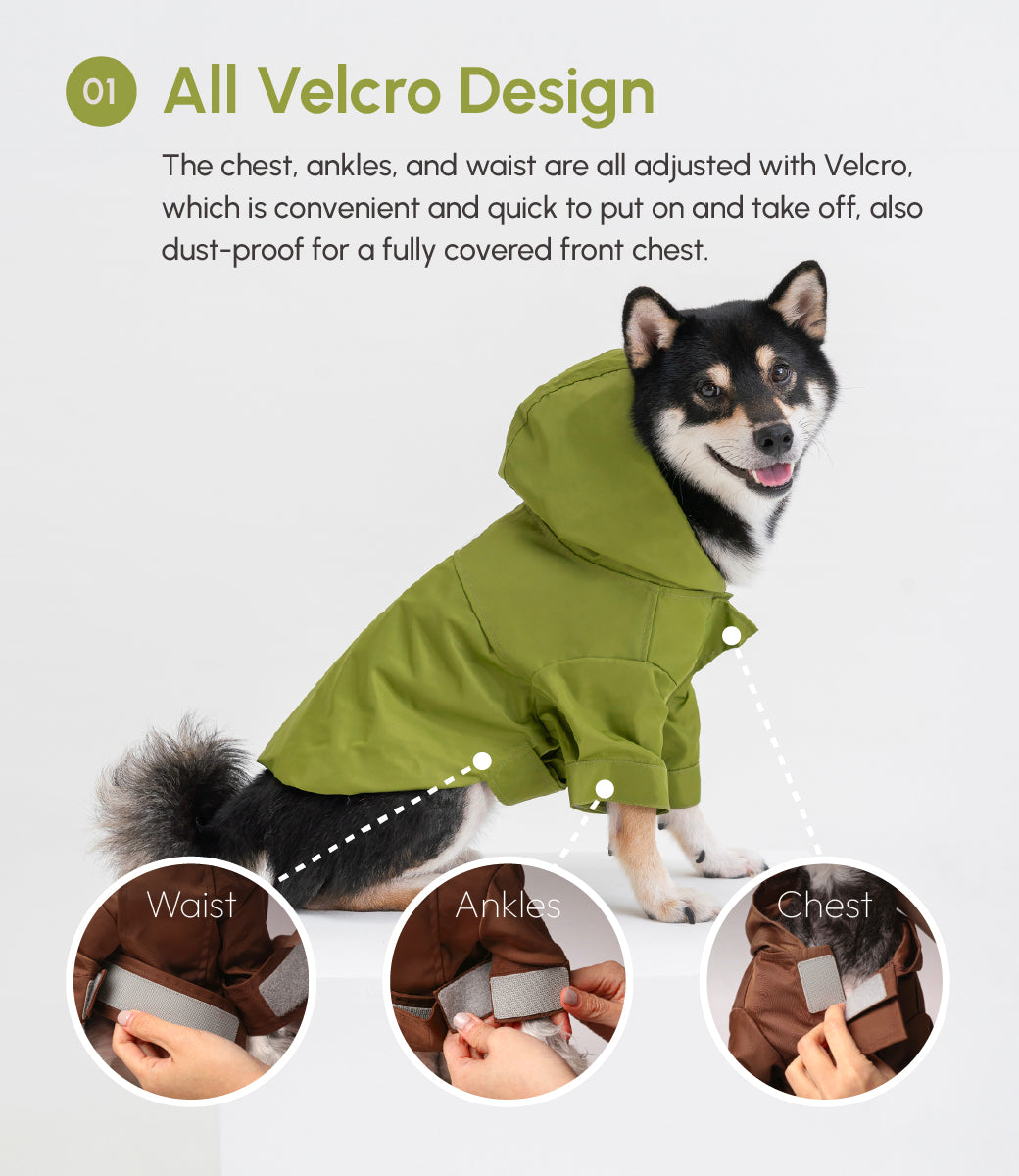 Adjustable Dog Raincoat | Convertible Hood | Waterproof | Olive | XS–XXL