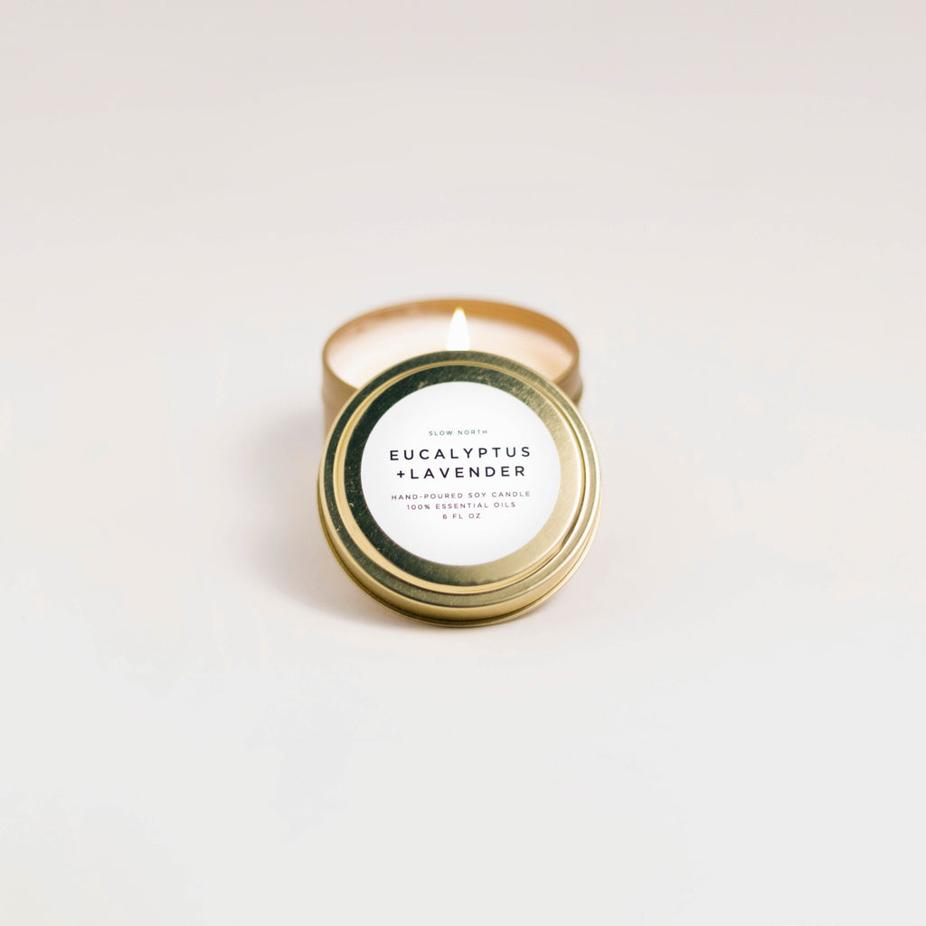 Eucalyptus & Lavender Soy Candle | 100% Essential Oils | Non-Toxic | Cotton Wick | Reusable Brushed Gold Tin | 20-Hour Burn | Slow North