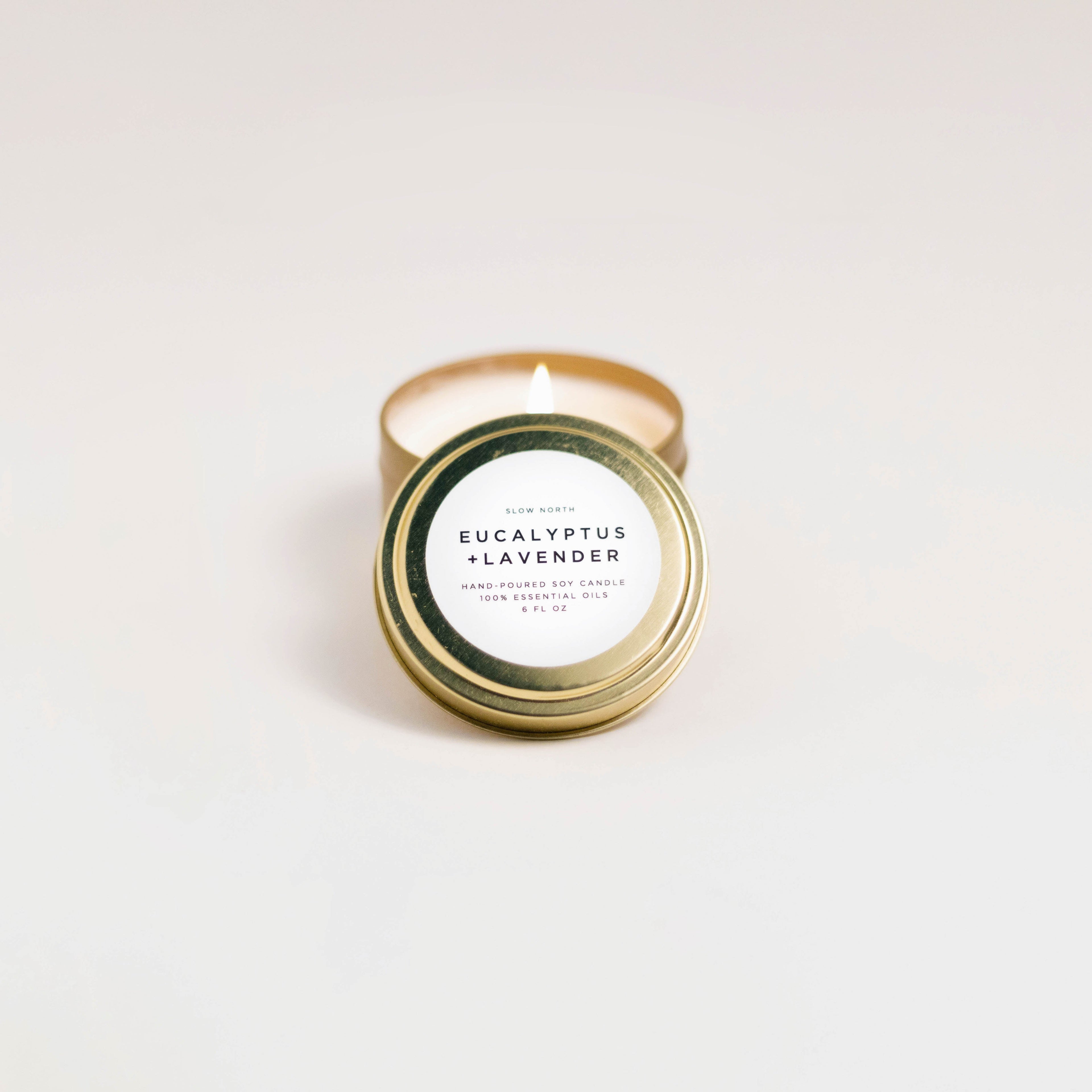 Eucalyptus & Lavender Soy Candle | 100% Essential Oils | Non-Toxic | Cotton Wick | Reusable Brushed Gold Tin | 20-Hour Burn | Slow North