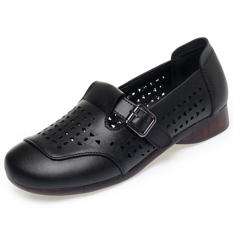 Women's singles leather shoes loafers soft soled soft top perforated sandals