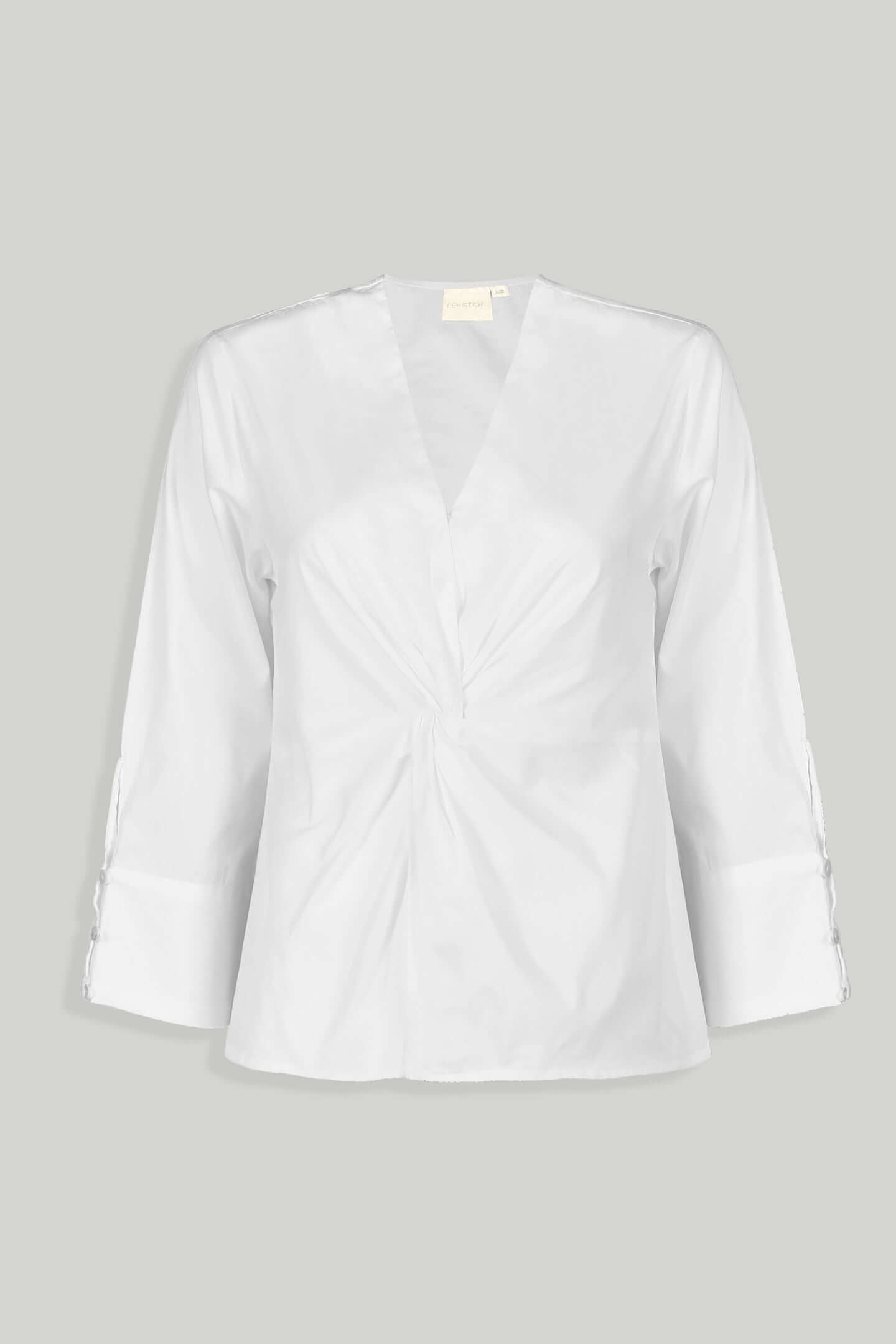 Front Twist Top in Coconut White | 100% Organic Cotton Poplin | V-Neck | Twisted Waist | Sleeve Button Detail | XS–3XL | Reistor