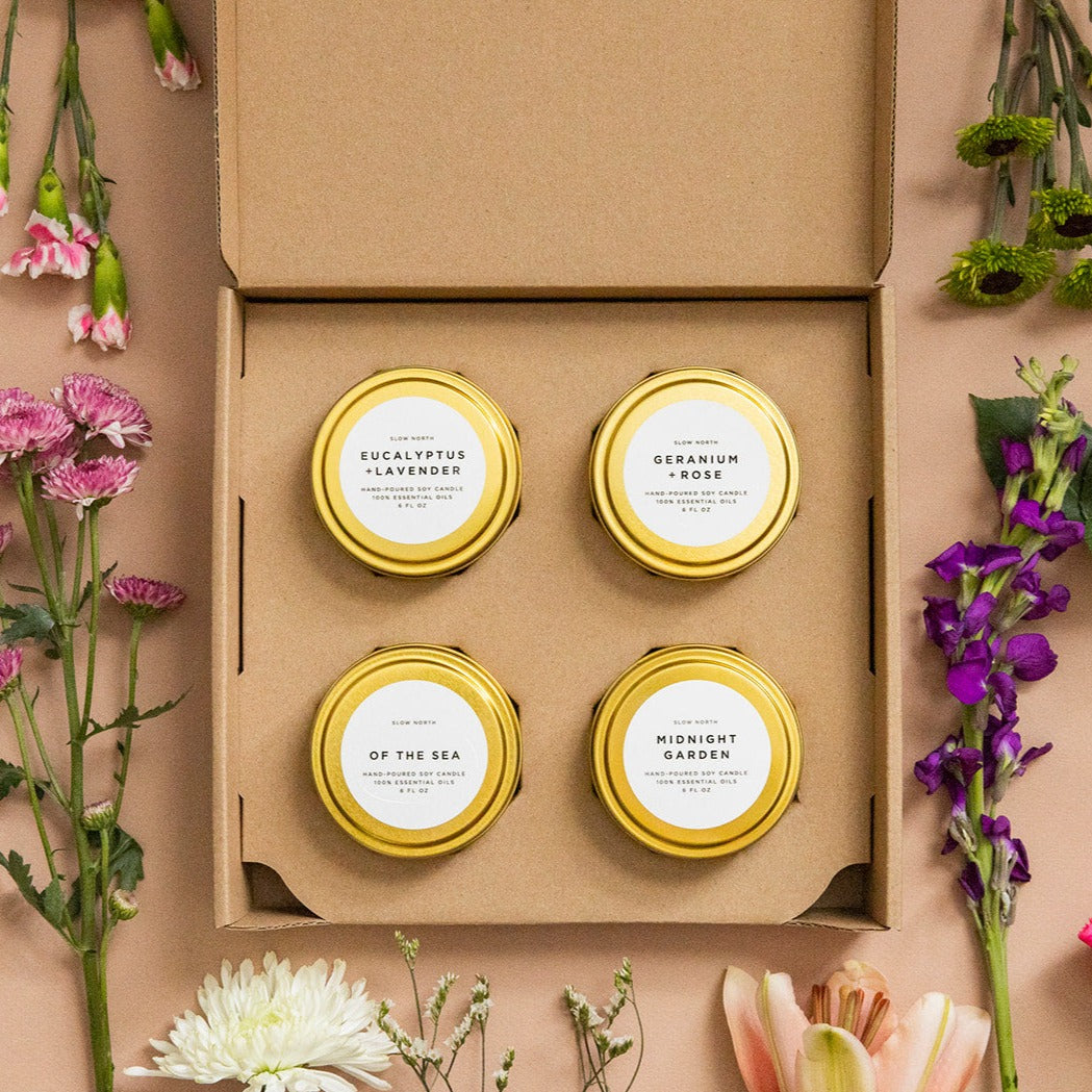Floral Collection 4-Pack | Essential Oil Soy Candles | Travel Tins | Slow North