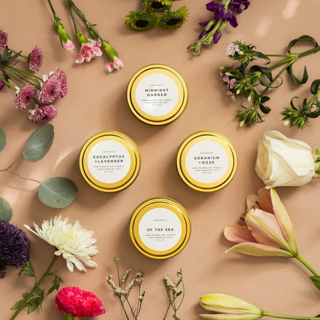 Floral Collection 4-Pack | Essential Oil Soy Candles | Travel Tins | Slow North