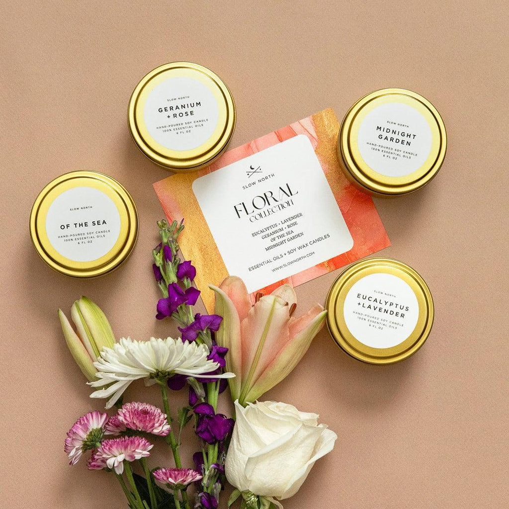 Floral Collection 4-Pack | Essential Oil Soy Candles | Travel Tins | Slow North