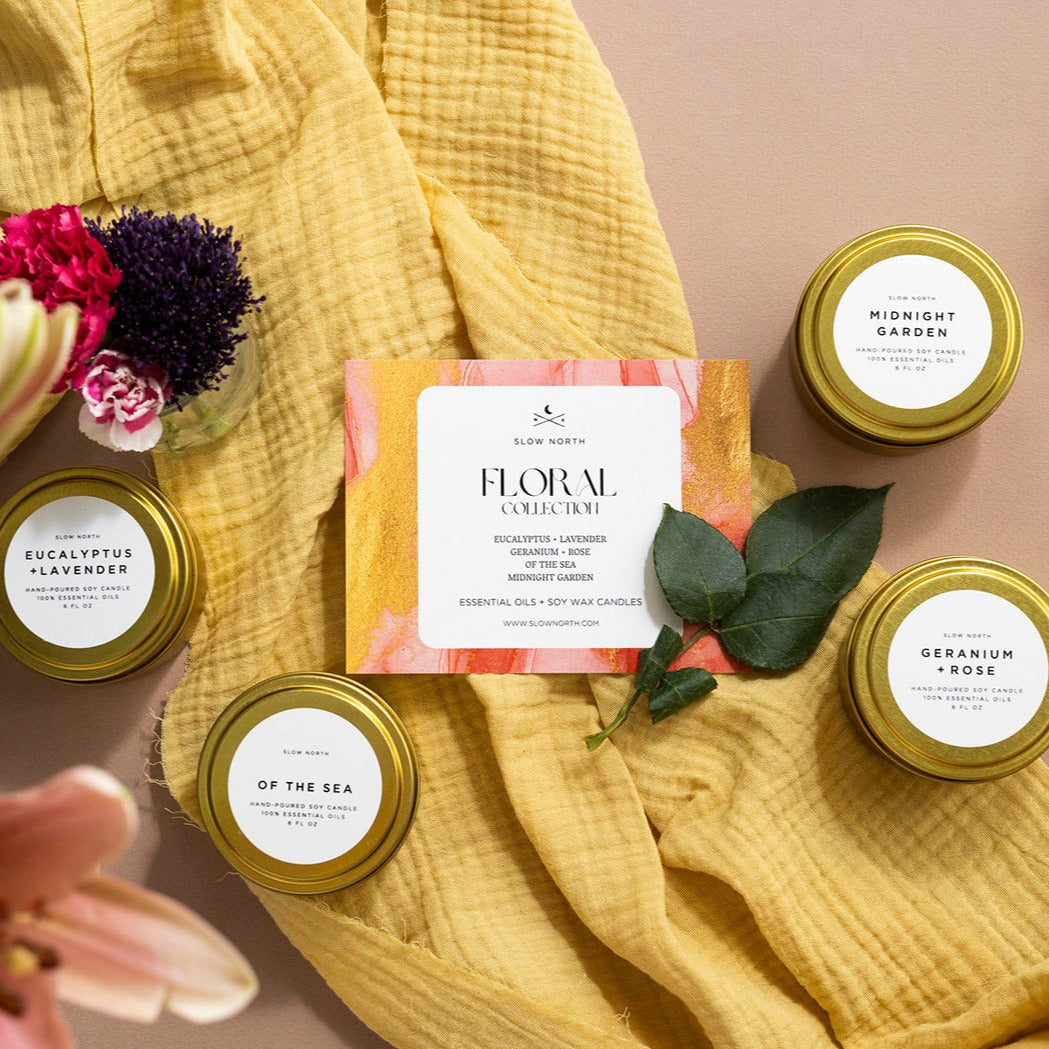 Floral Collection 4-Pack | Essential Oil Soy Candles | Travel Tins | Slow North