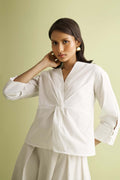 Front Twist Top in Coconut White | 100% Organic Cotton Poplin | V-Neck | Twisted Waist | Sleeve Button Detail | XS–3XL | Reistor