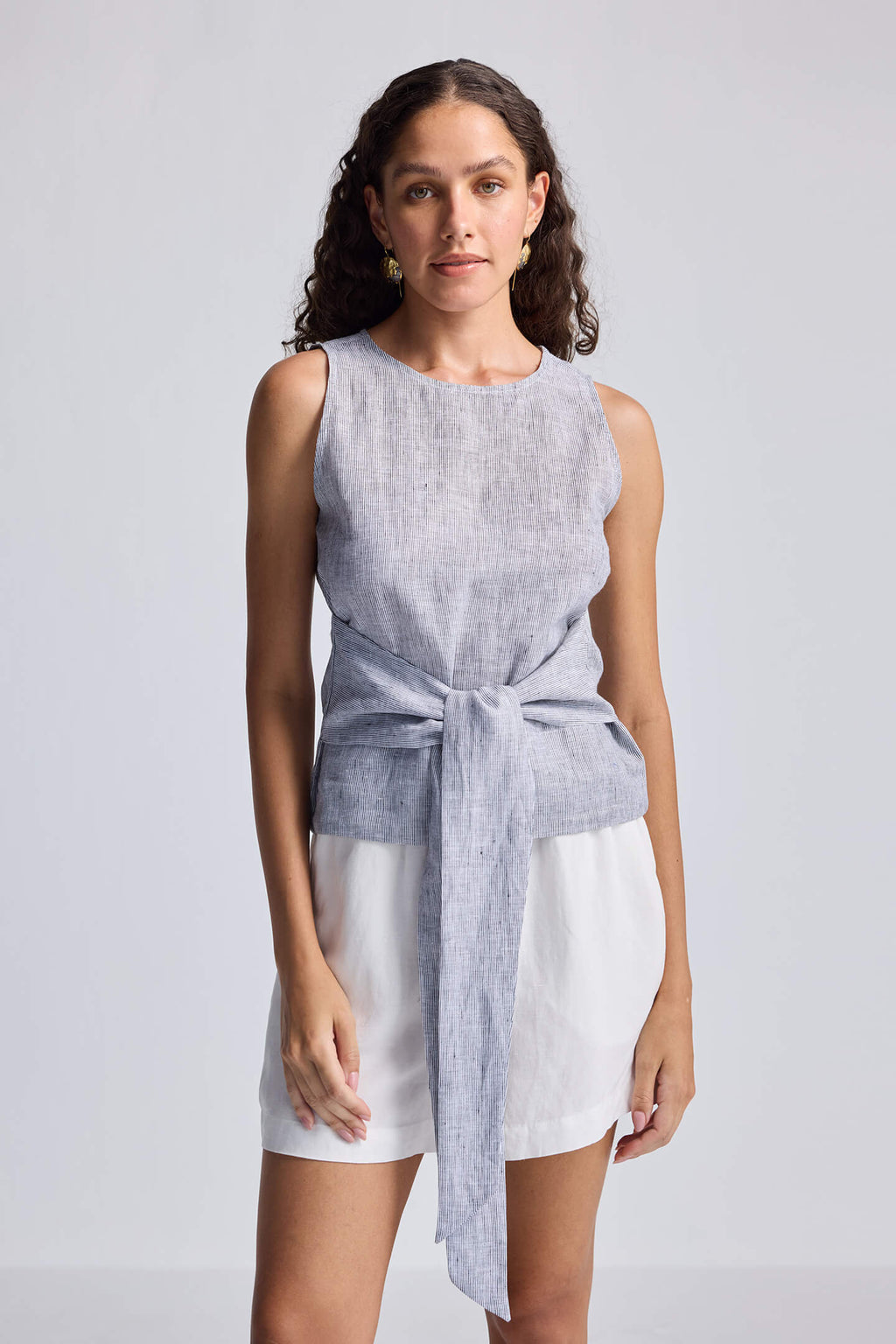 Pin-Striped 100% Linen Front-Tie Top | XS-3XL