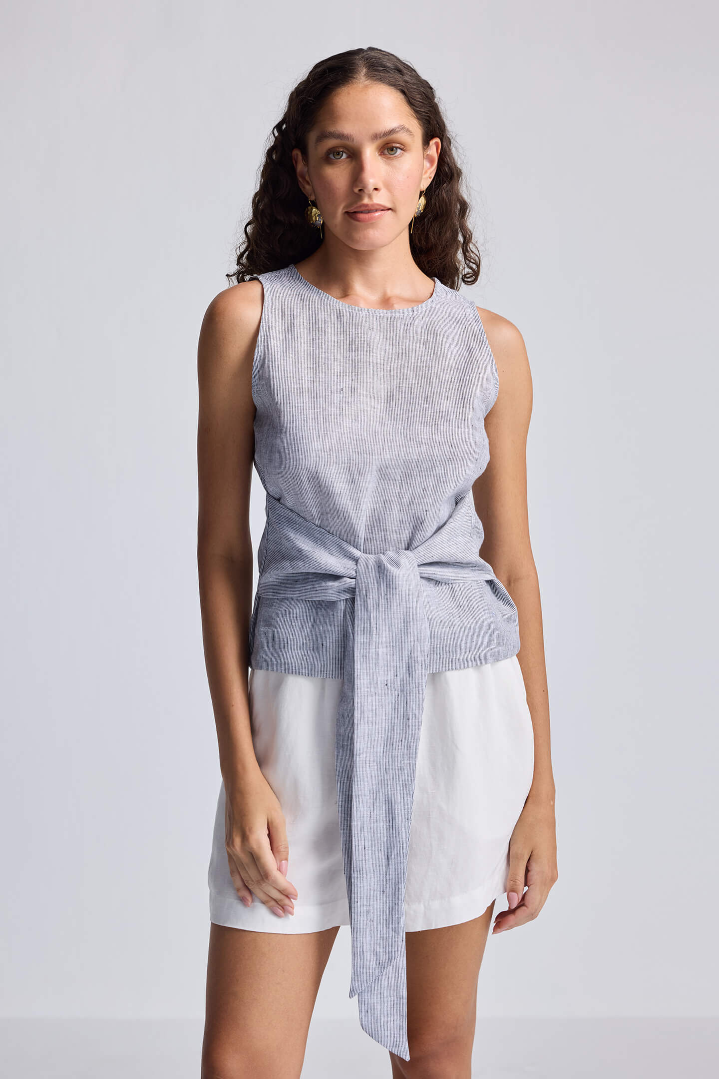Pin-Striped 100% Linen Front-Tie Top | XS-3XL