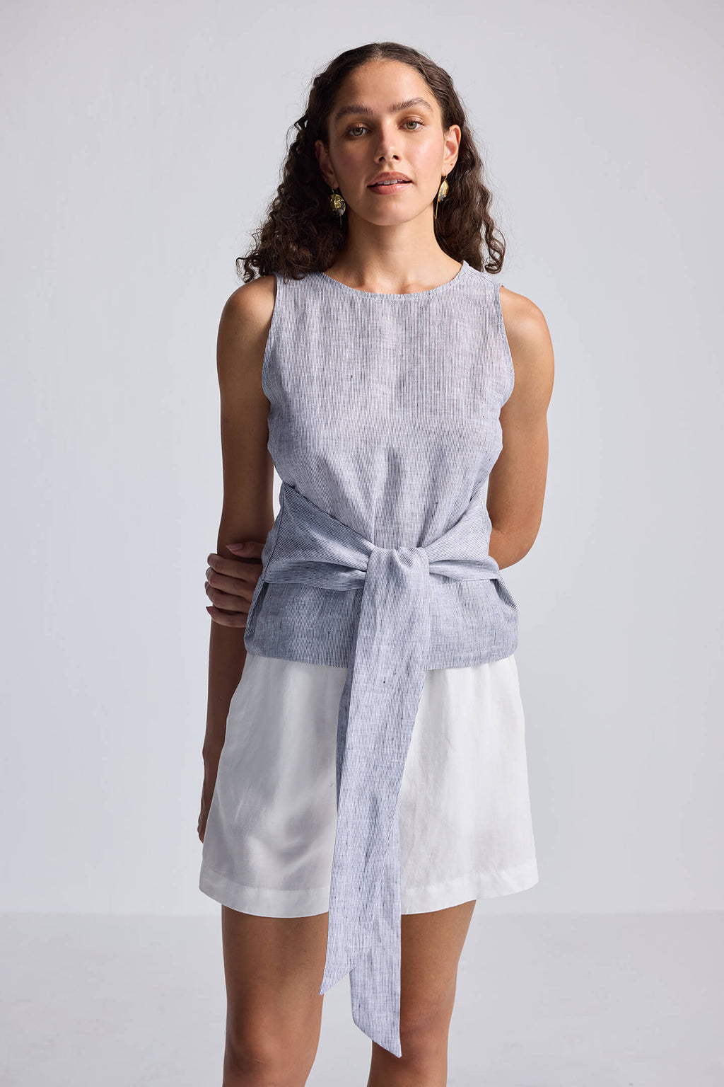 Pin-Striped 100% Linen Front-Tie Top | XS-3XL