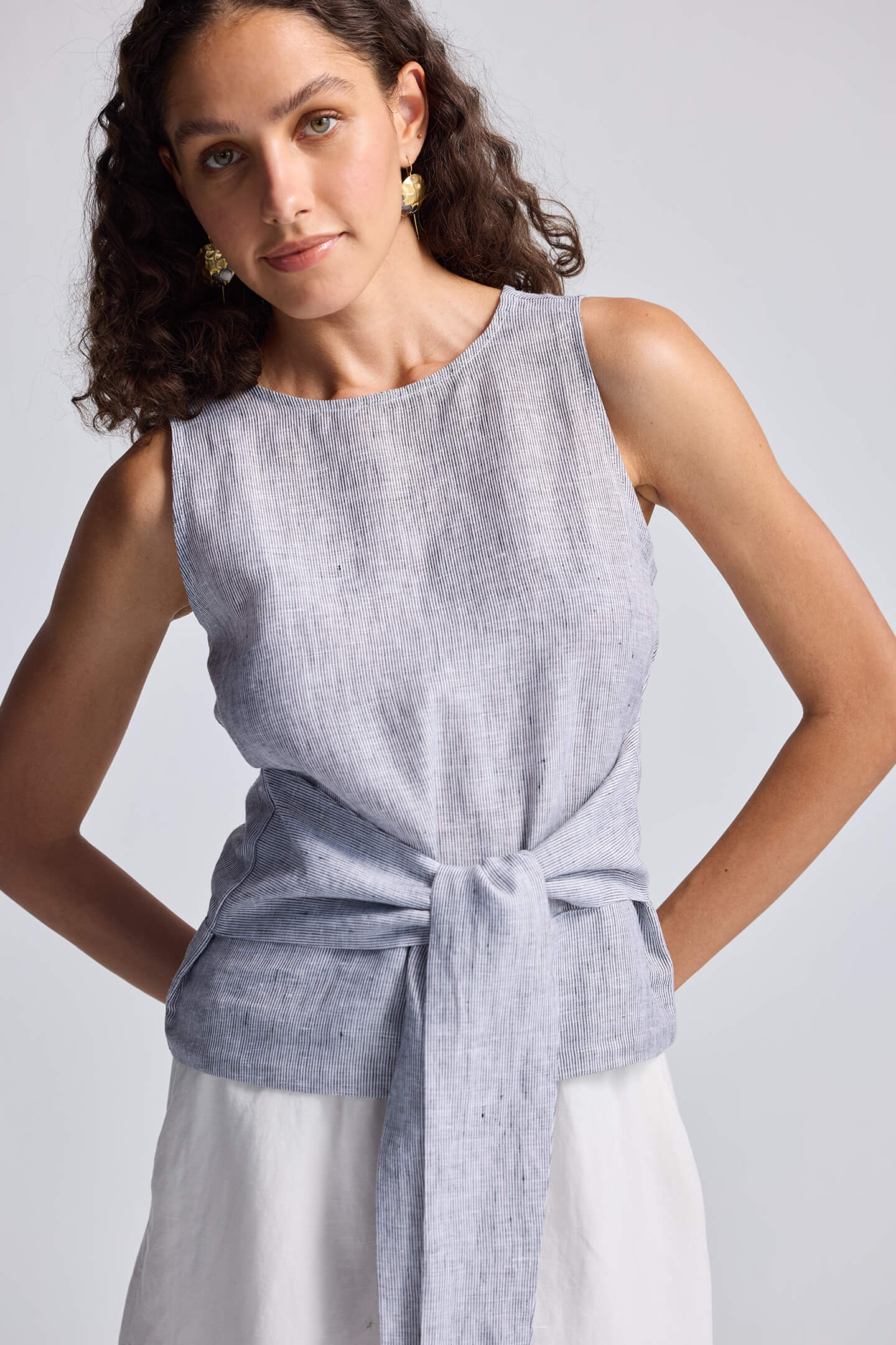 Pin-Striped 100% Linen Front-Tie Top | XS-3XL